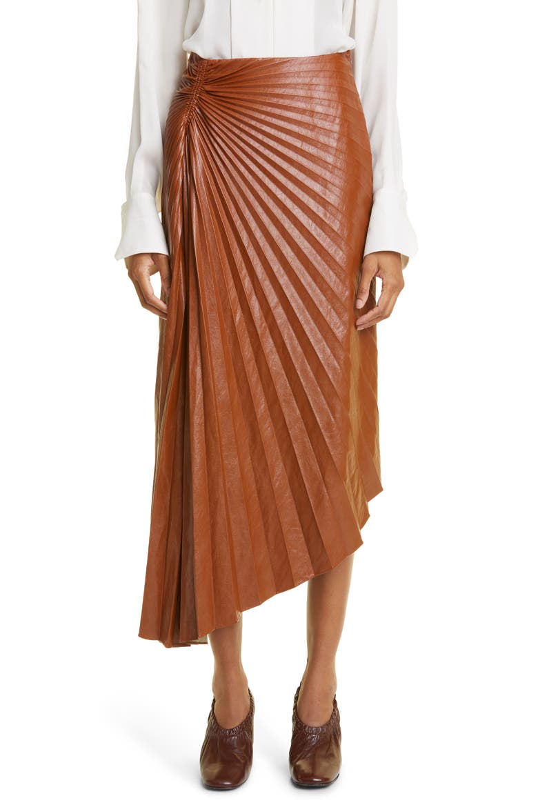 Tracy Asymmetric Pleat Faux Leather Skirt, Main, color, COGNAC