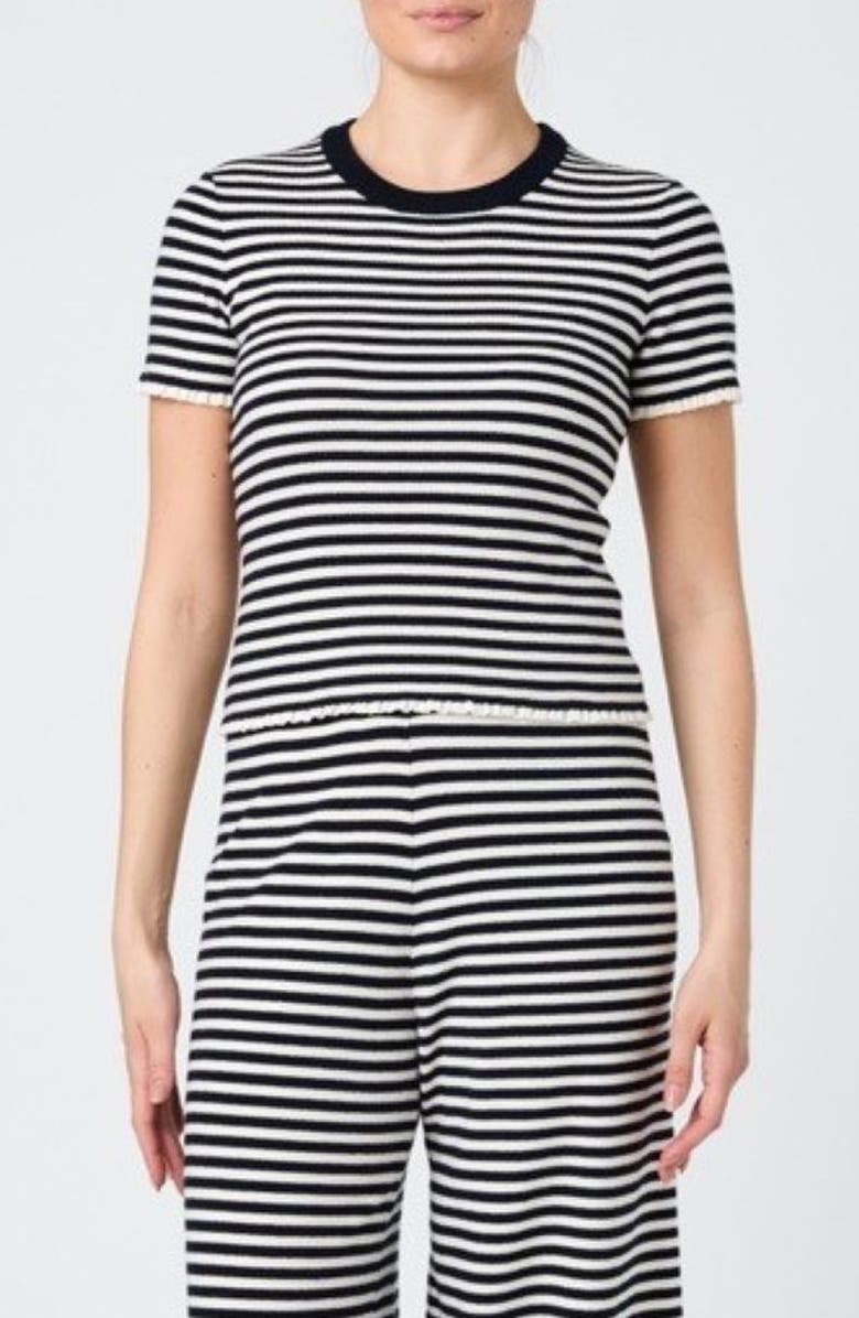 French Connection Stripe Rib Short Sleeve Sweater, Main, color, Navy / Cream