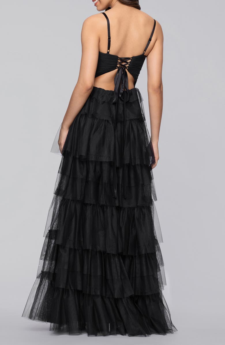 Blondie Nites Tiered Ruffle Tulle Gown, Alternate, color, Black