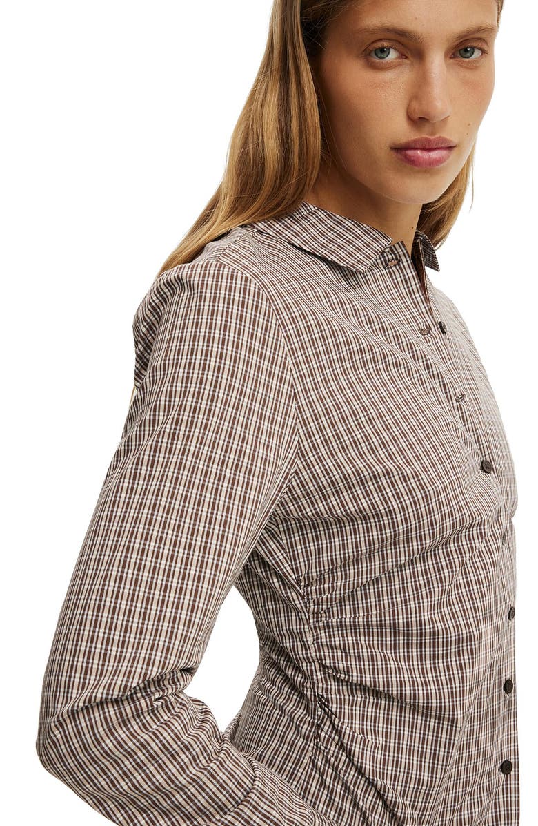 Cotton On Women's Peyton Gathered Long Sleeve Shirt, Alternate, color, Hazel Micro Check Rich Mocha