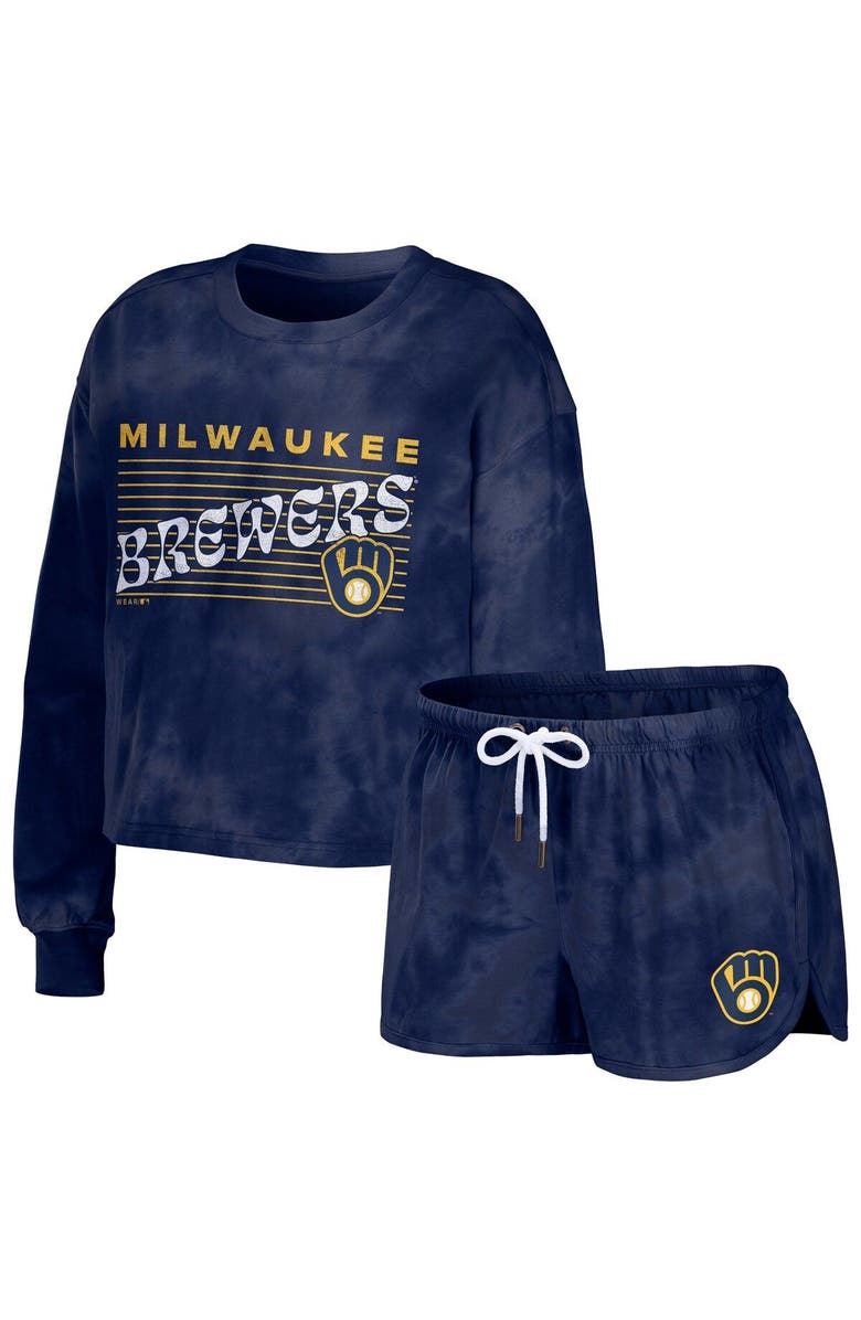 WEAR by Erin Andrews Women's WEAR by Erin Andrews Navy Milwaukee Brewers Tie-Dye Cropped Pullover Sweatshirt & Shorts Lounge Set, Main, color, Navy