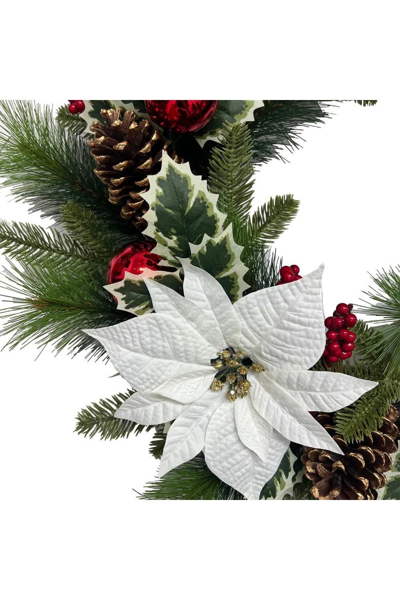 26" White Poinsettia Pinecone & Berry Wreath Pre-Lit, Alternate, color, White