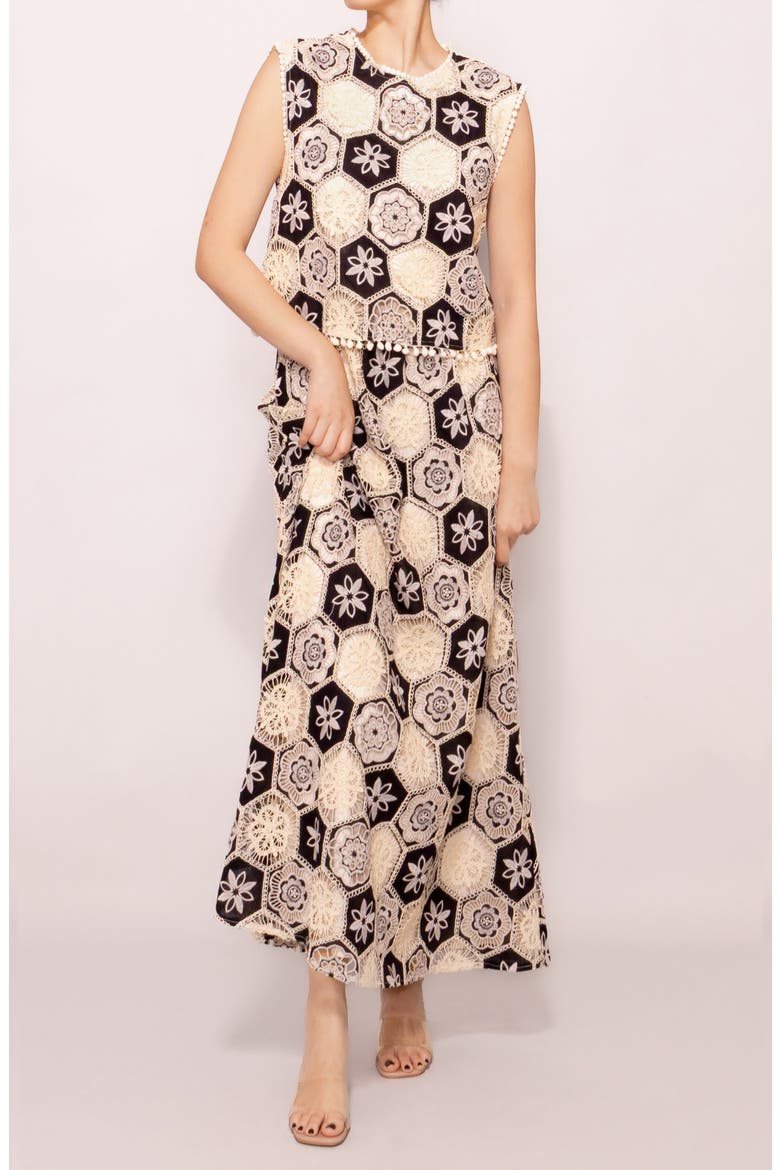 Crochet Detail Sleeveless Maxi Dress, Alternate, color, IVORY BLACK