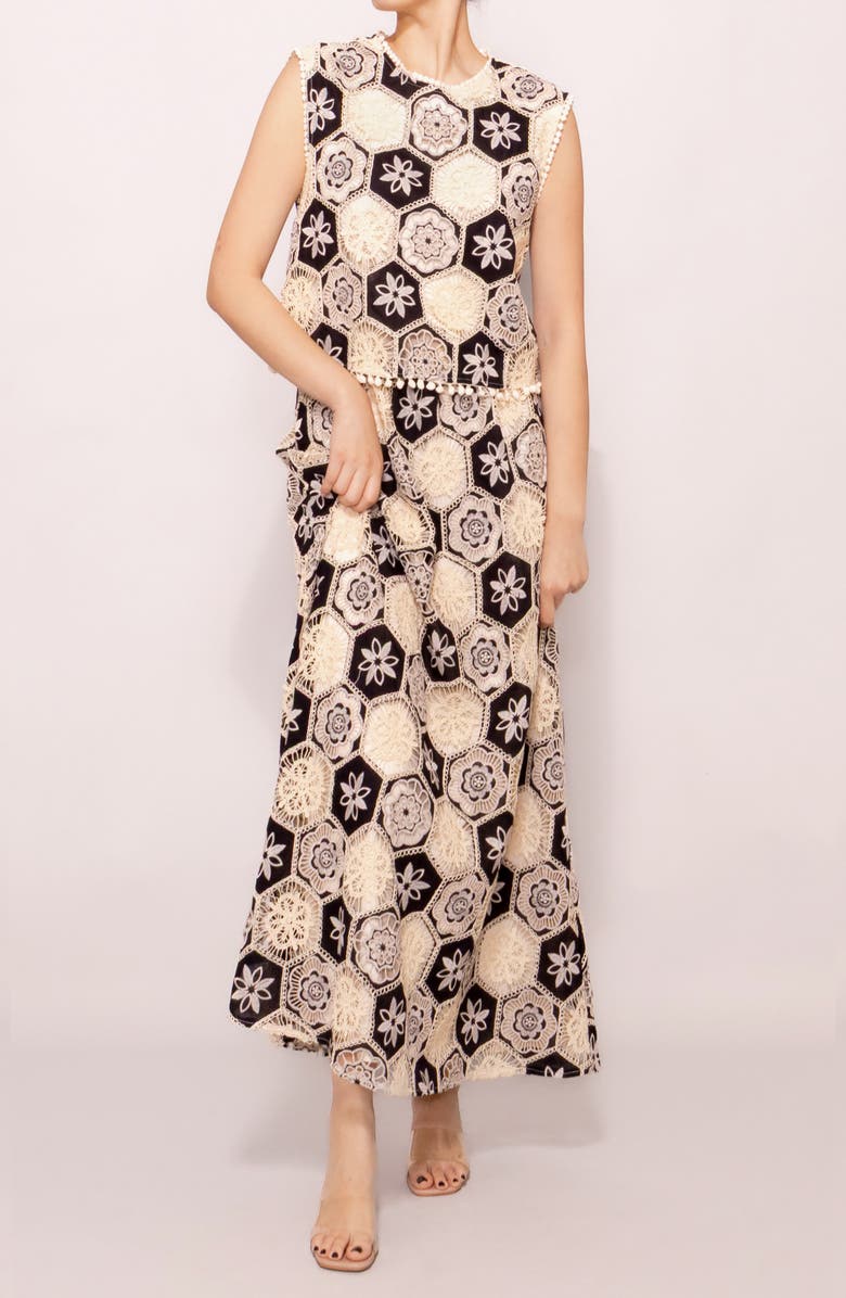 MELLODAY Crochet Detail Sleeveless Maxi Dress, Alternate, color, Ivory Black