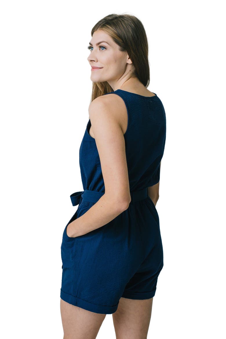 Women's Organic Seersucker Romper, Alternate, color, Navy Seersucker