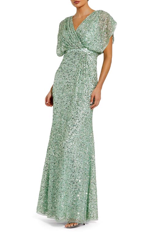 Mac Duggal Draped Sleeves Ruched Waist Detail V-neck Gown In Green