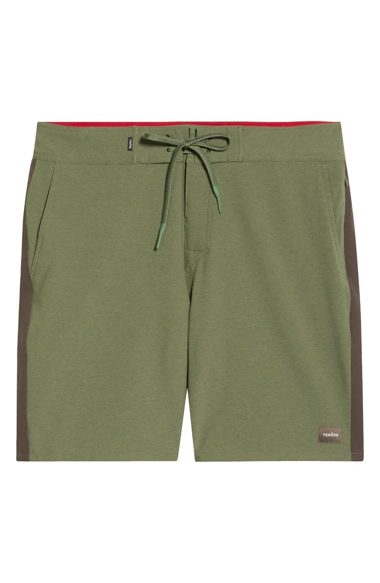 TENŌRE Tuxedo Stripe Board Shorts, Main, color, Olive