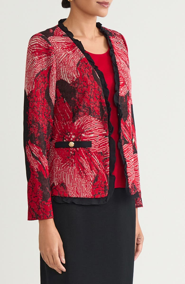Ming Wang Floral Jacquard Ruffle Trim Jacket, Alternate, color, Holiday/ Twig/ Black