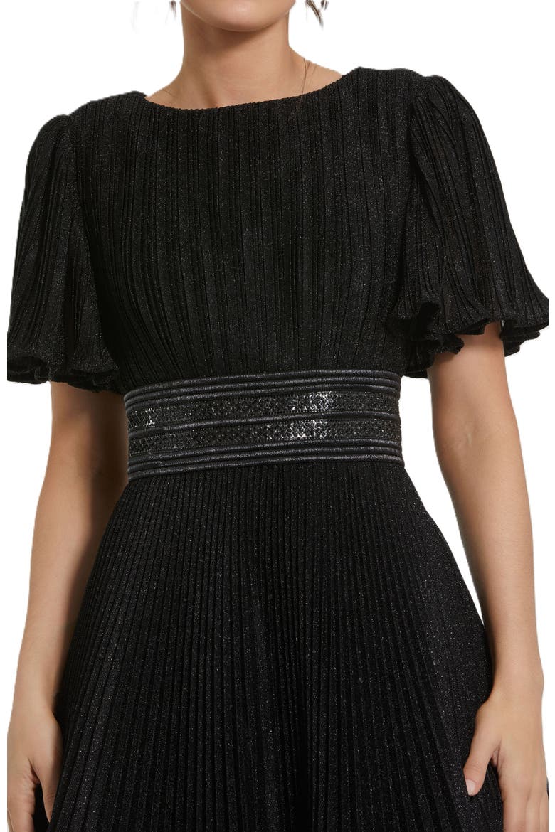 Pleated Shimmering Georgette Flutter Sleeve Gown, Alternate, color, Black