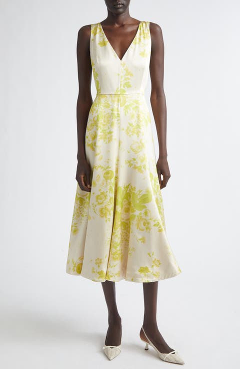 Floral Print Duchesse Satin Fit & Flare Gown