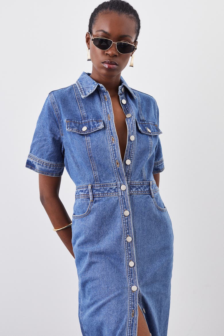 Denim Midi Shirt Dress, Alternate, color, Mid Wash