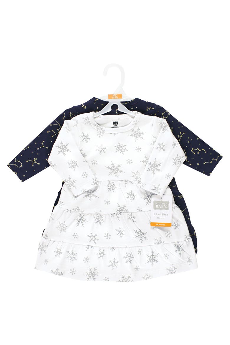 2pk Long Sleeve Dress (baby), Alternate, color, Metallic Snowflake Star