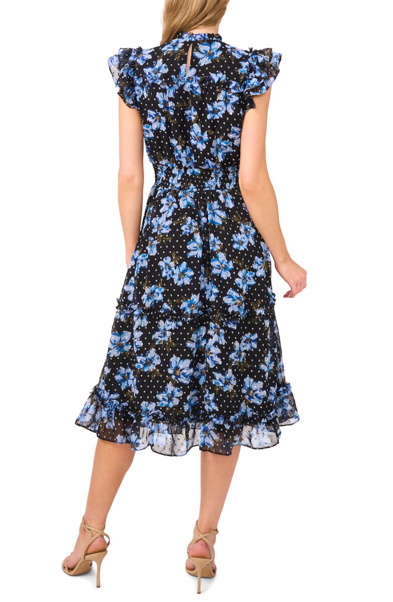 CeCe Floral Clip Dot Smocked Ruffle Midi Dress, Alternate, color,