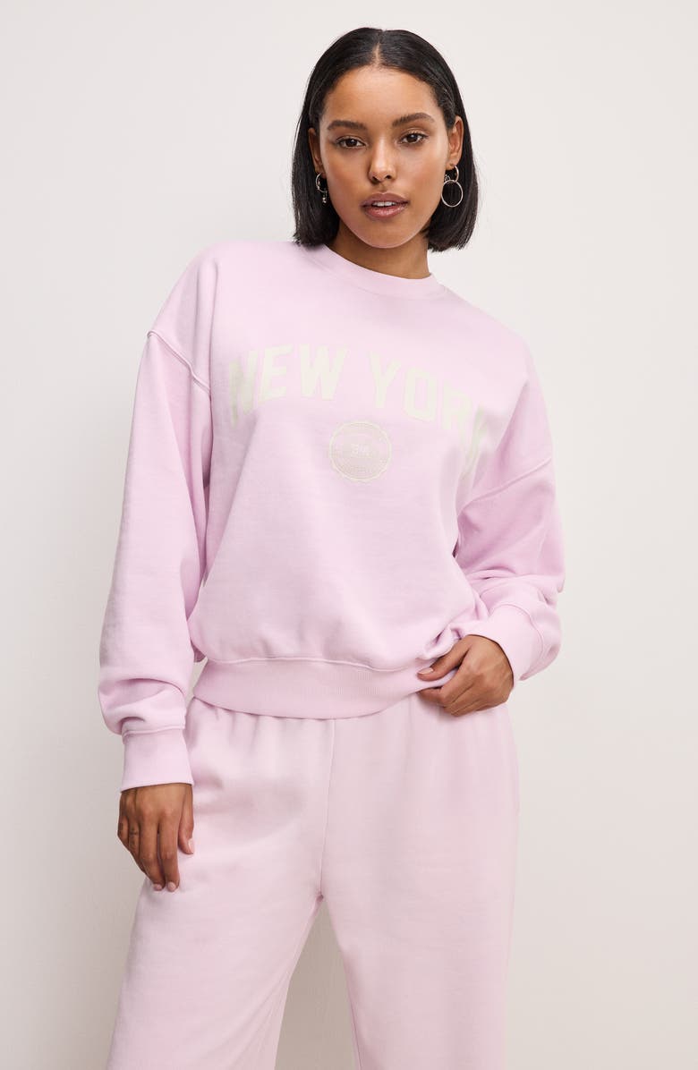 Good American Brushed Fleece Graphic Sweatshirt, Alternate, color, Washed Cotton Candy Pink001