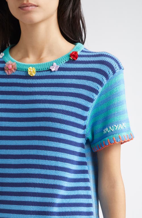 Yanyan Floral Ribbon Stripe Cotton Sweater In Blue