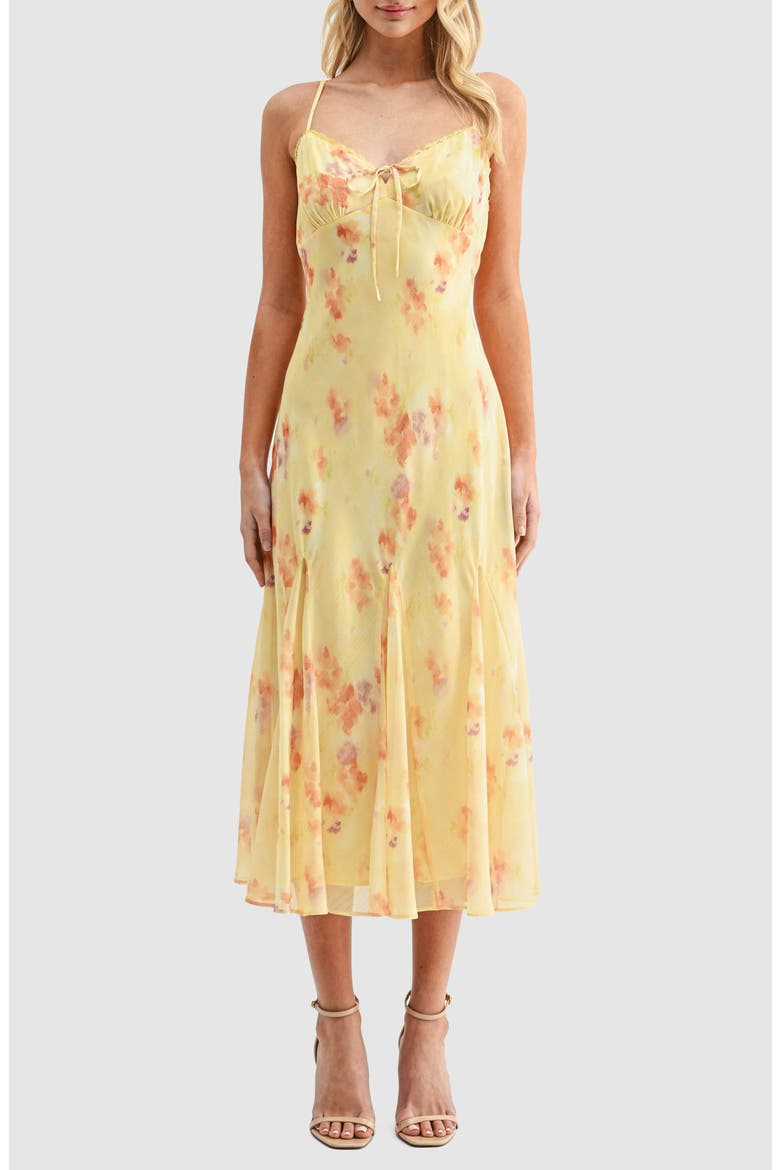 Floral V-Neck Tie Midi Dress, Main, color, YELLOW FLORAL