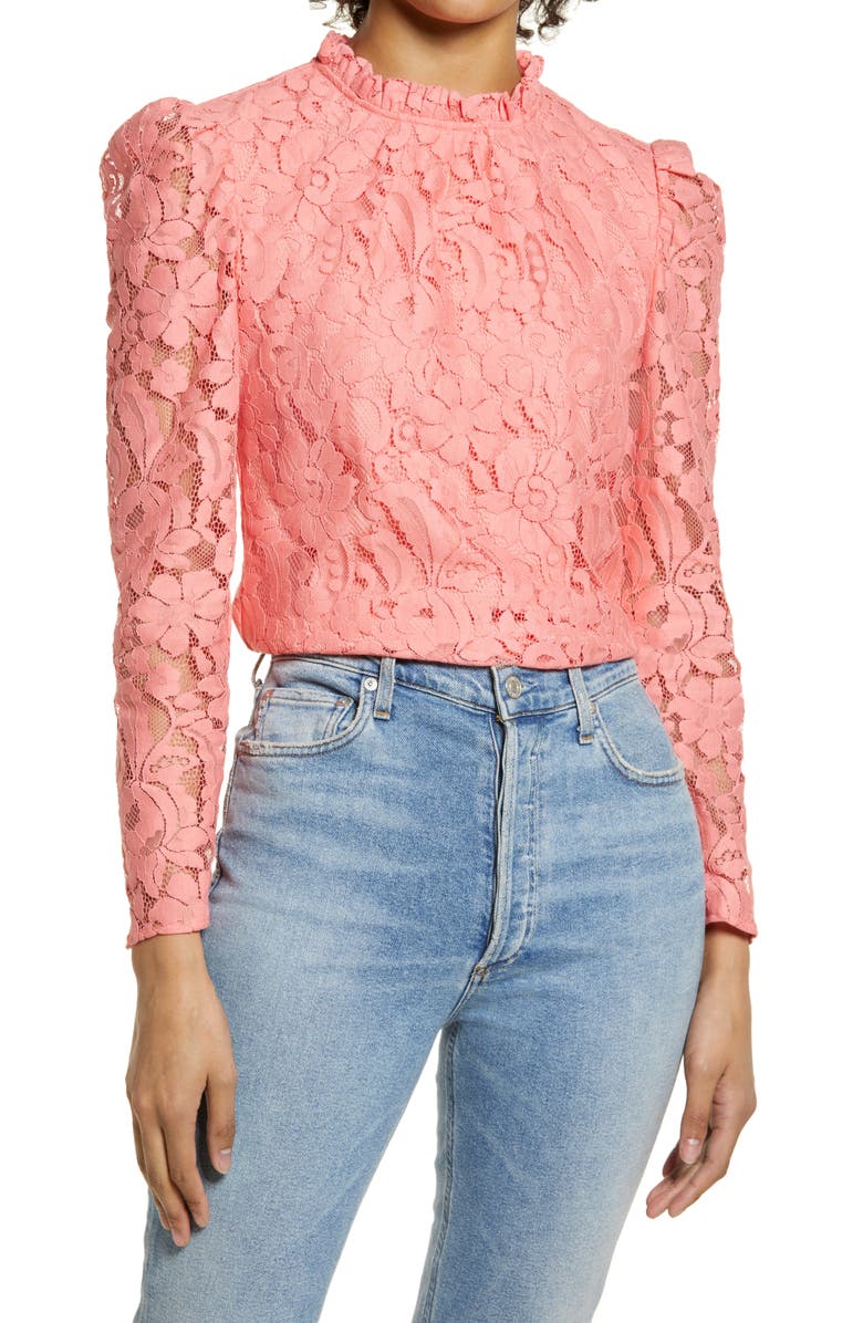 Rachel Parcell Ruffle Trim Lace Top, Main, color, 