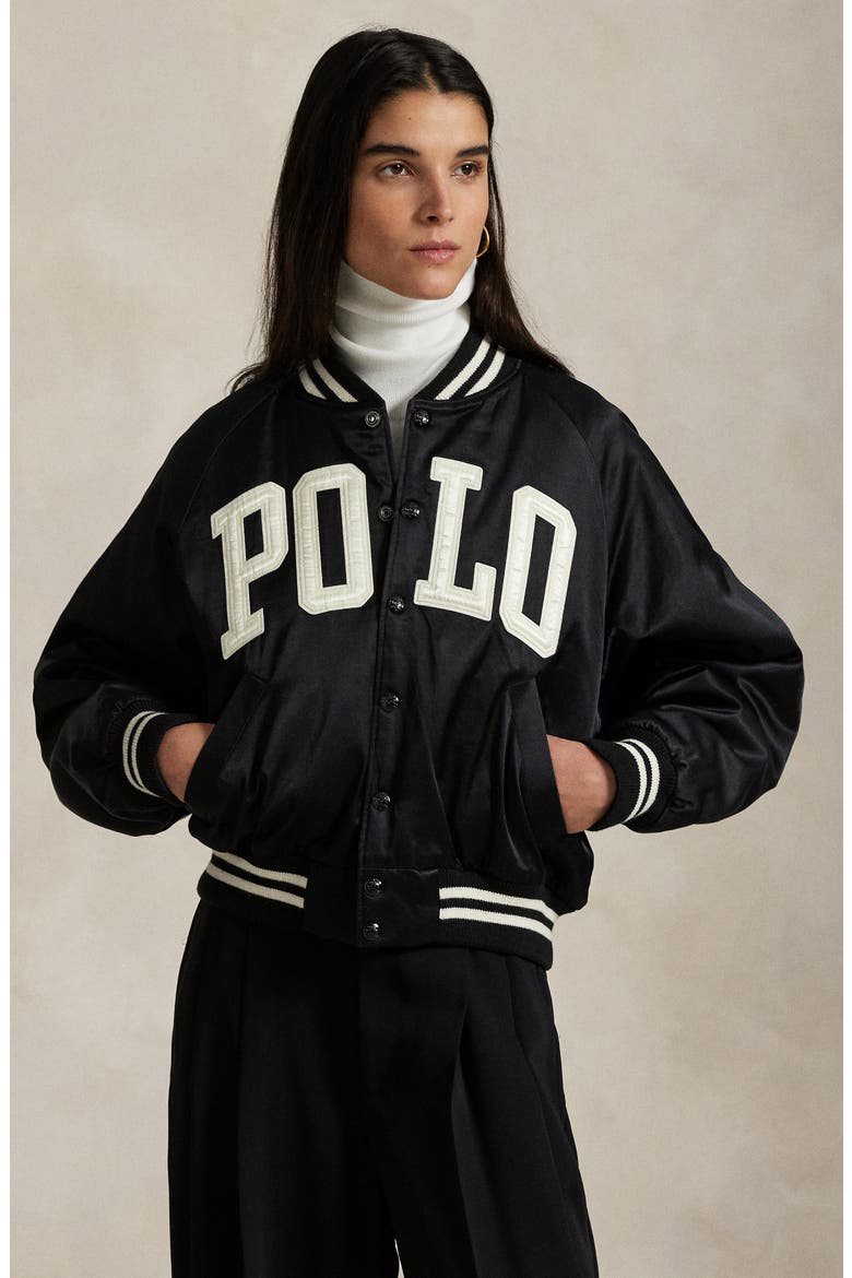 Logo Satin Bomber Jacket, Alternate, color, POLO BLACK