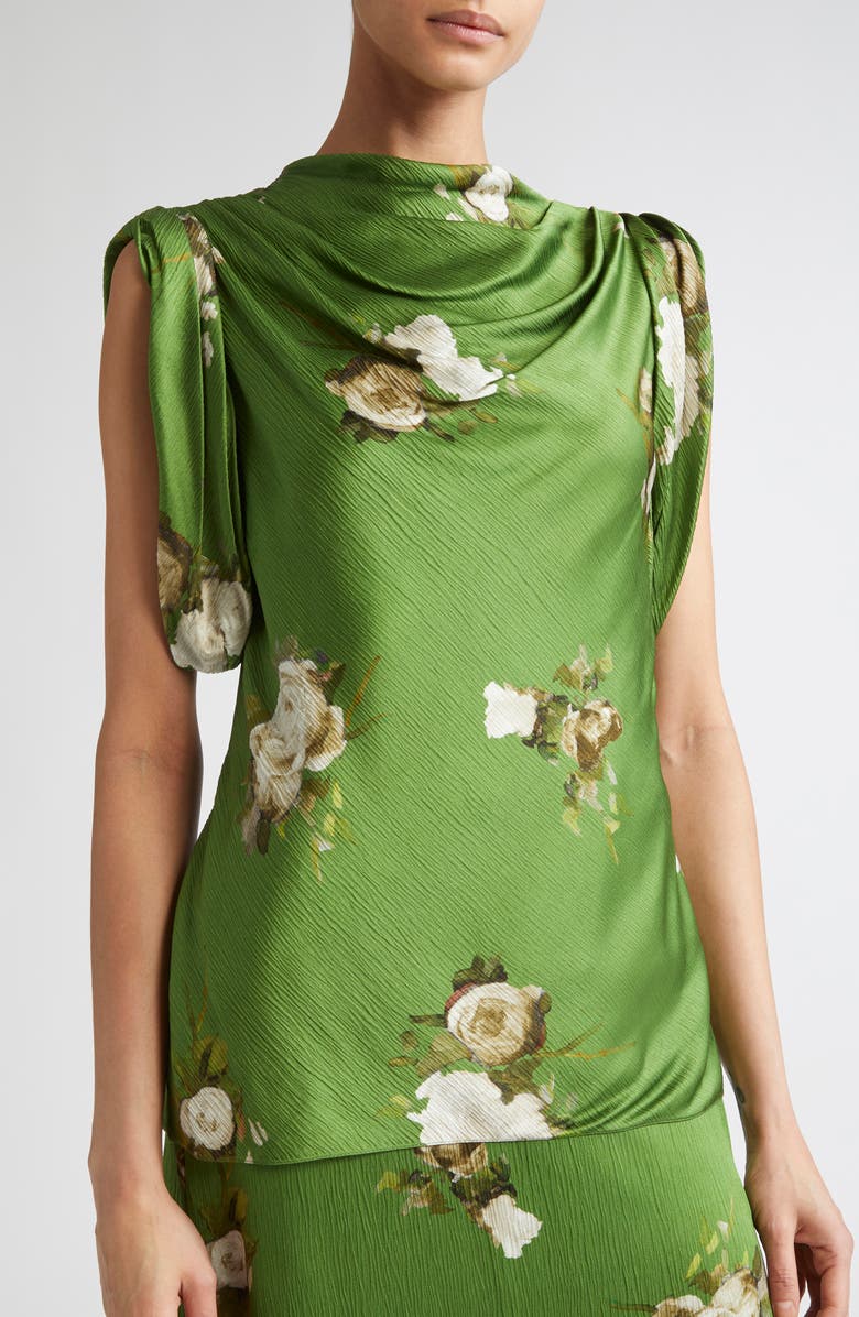 Erdem Painted Rose Print Crinkled Satin Top, Alternate, color, Painted Rose Bouquet Olive