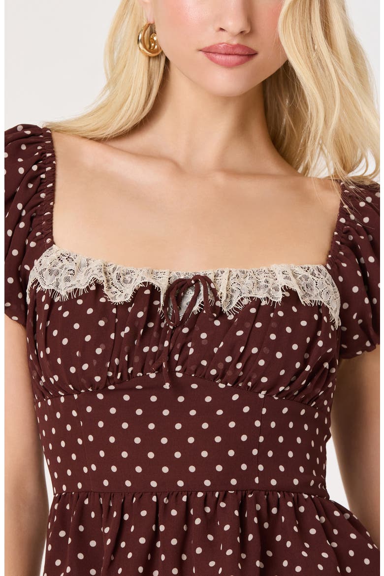 Letitia Polka Dot Lace Trim Peplum Top, Alternate, color, BROWN POLKADOT