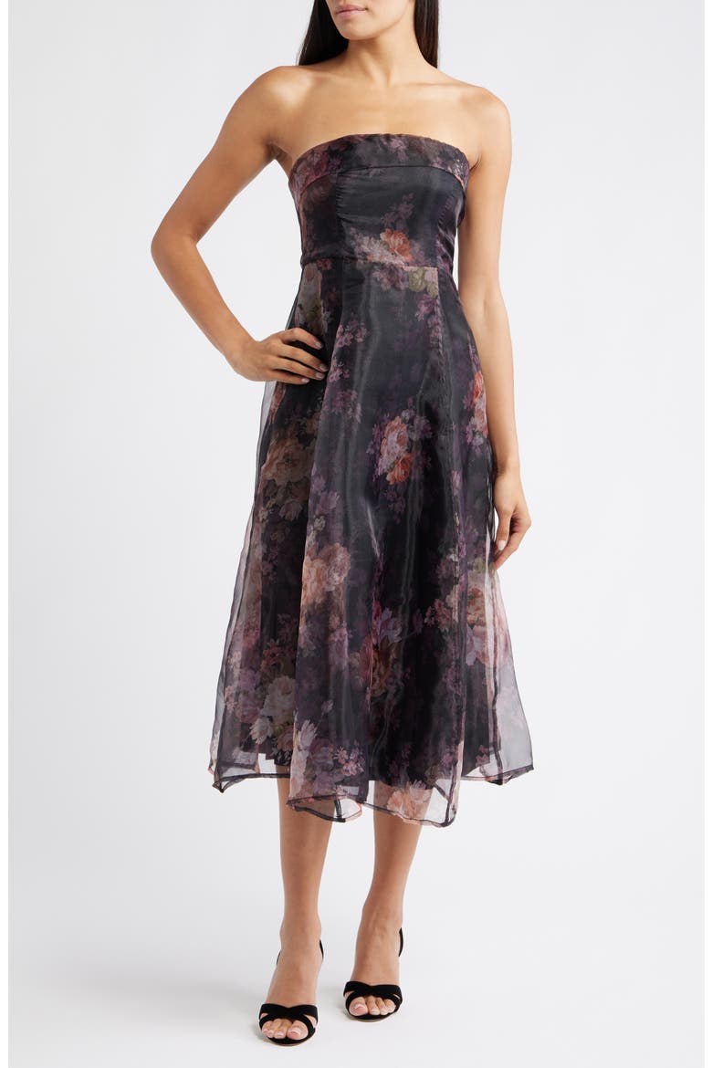 Elena Strapless Organza Midi Dress, Main, color, BLACK FLORAL