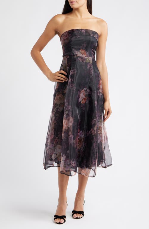 Lulus Elena Strapless Organza Midi Dress in Black Floral 
