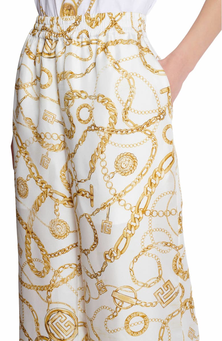 Balmain Flowing Printed Silk Trousers With Balmain Chains Pattern, Alternate, color, Gold