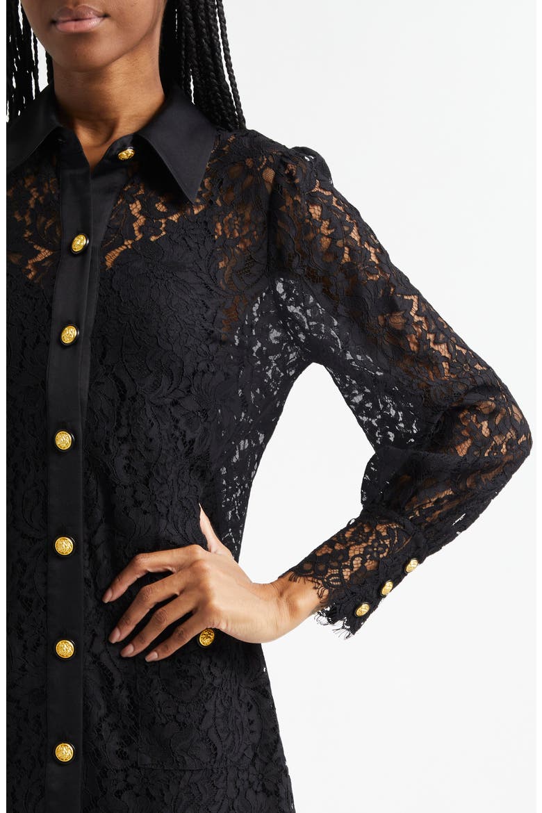 Sakura Lace Long Sleeve Mini Shirtdress, Alternate, color, BLACK