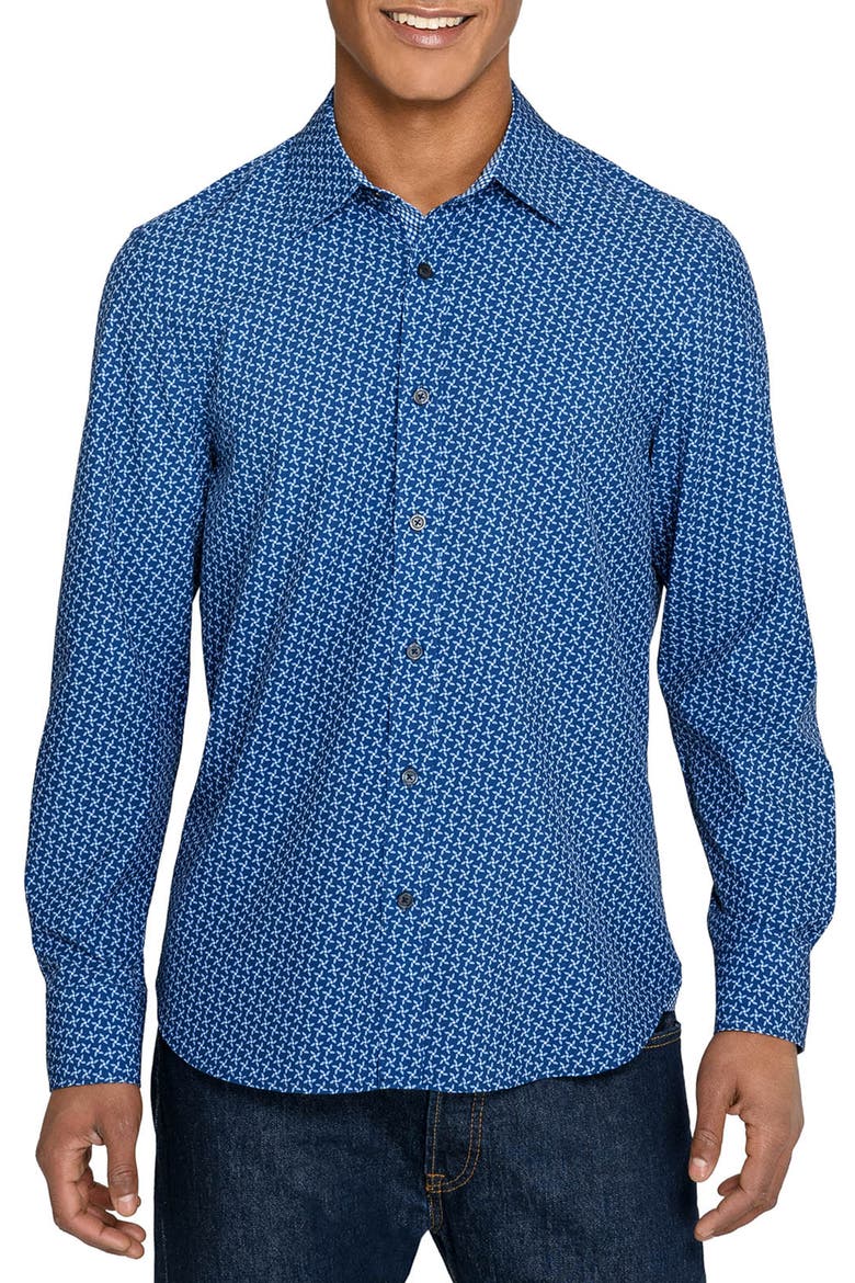 Slim Fit Pinwheel Floral Performance Long Sleeve Shirt, Main, color, NAVY