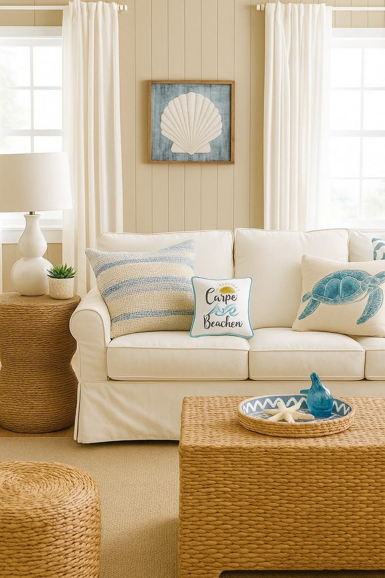 "Carpe Beachem" Embroidered Cotton Blend Small Petite Mini Accent Pillow 10" x 10", Alternate, color, Blue