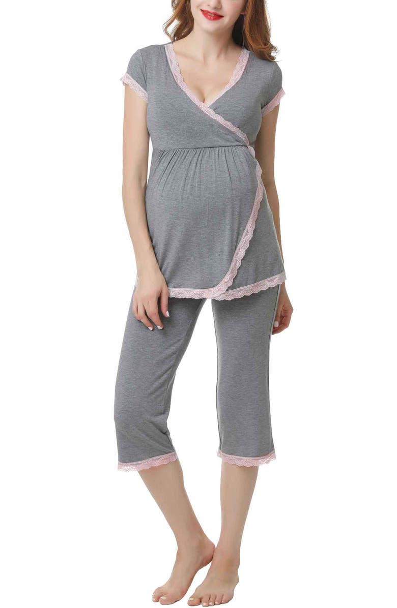 Kimi & Kai Cindy Maternity/Nursing Pajamas Set, Main, color, Dark Heather Gray