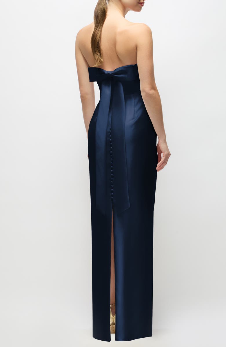 Alfred Sung Eliza Bow Back Strapless Satin Column Gown, Alternate, color, 