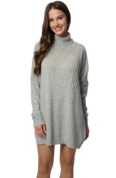 Faux Pearl Turtleneck Tunic Sweater