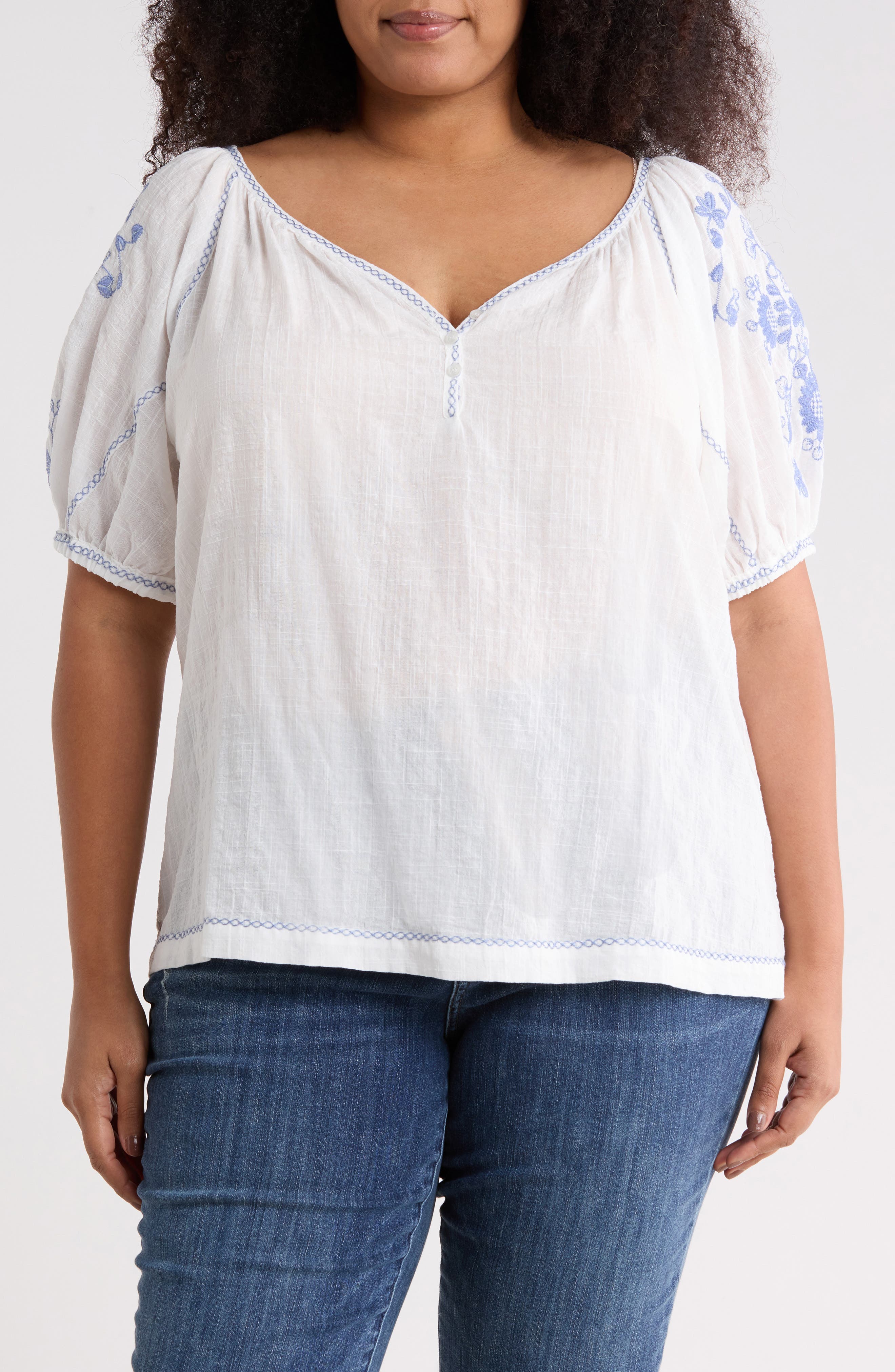 MAX STUDIO Floral Embroidered Puff Sleeve Top