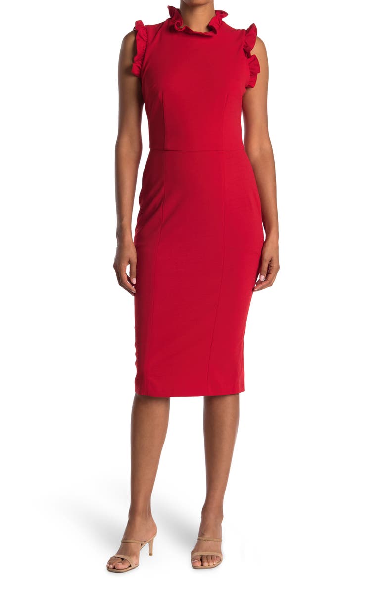 Maggy London Ruffled Sleeveless Midi Sheath Dress, Main, color,
