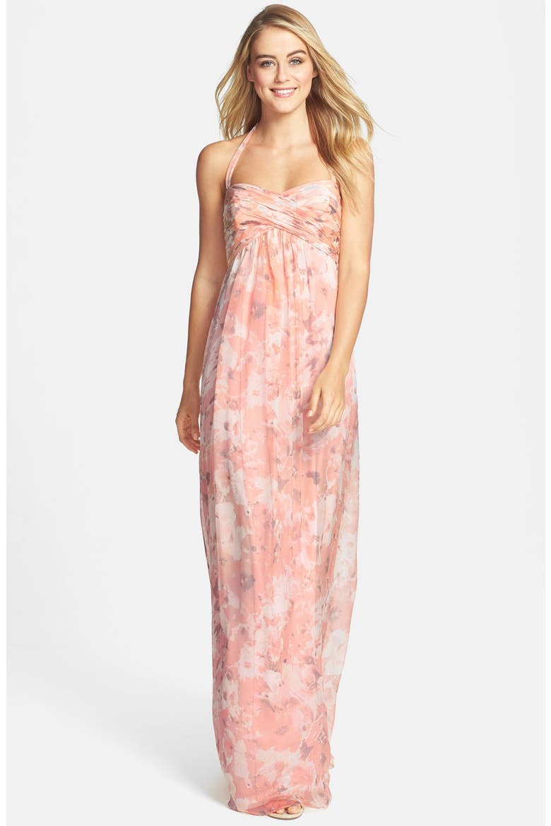 Print Crinkled Silk Chiffon Halter Gown, Main, color, SHELL