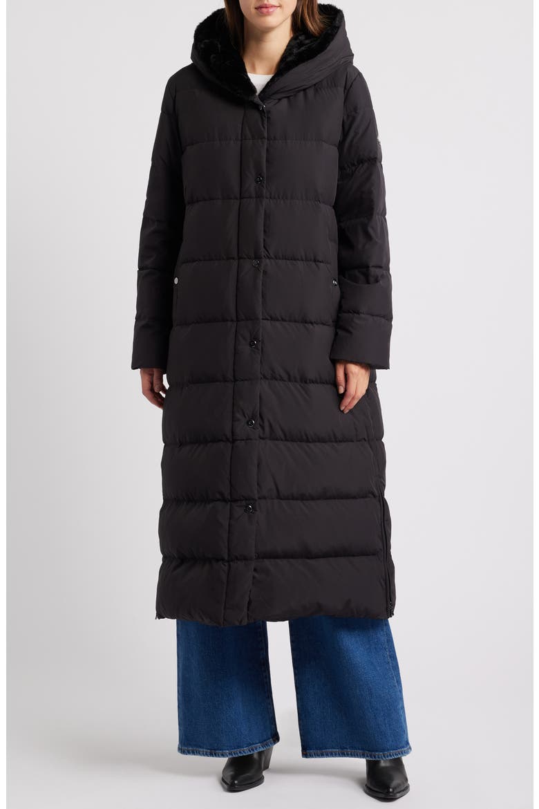 Longline Puffer Coat with Faux Fur Lined Hood, Main, color, BLACK