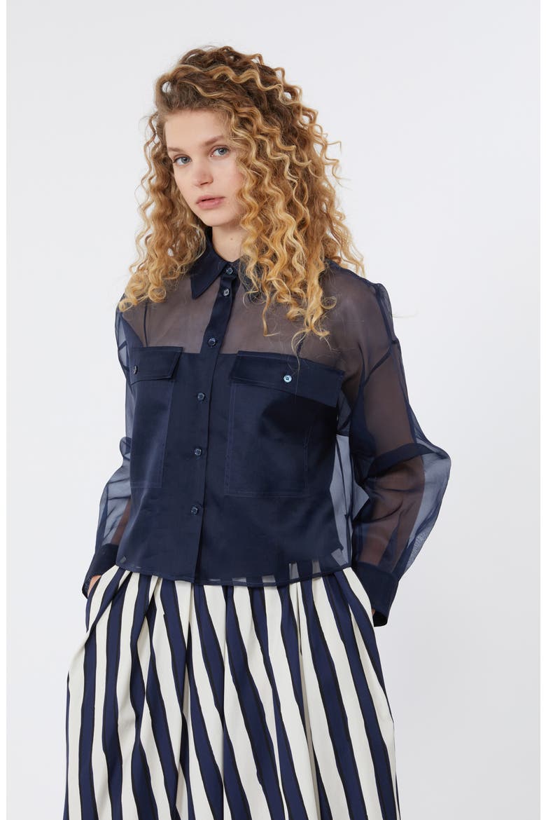 Colomba Long Sleeve Silk Button-Up Shirt, Alternate, color, NAVY