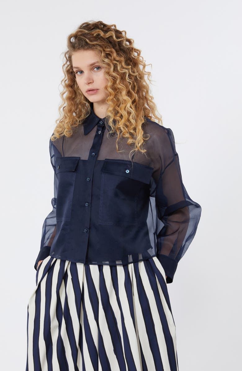 Weekend Max Mara Colomba Long Sleeve Silk Button-Up Shirt, Alternate, color, Navy