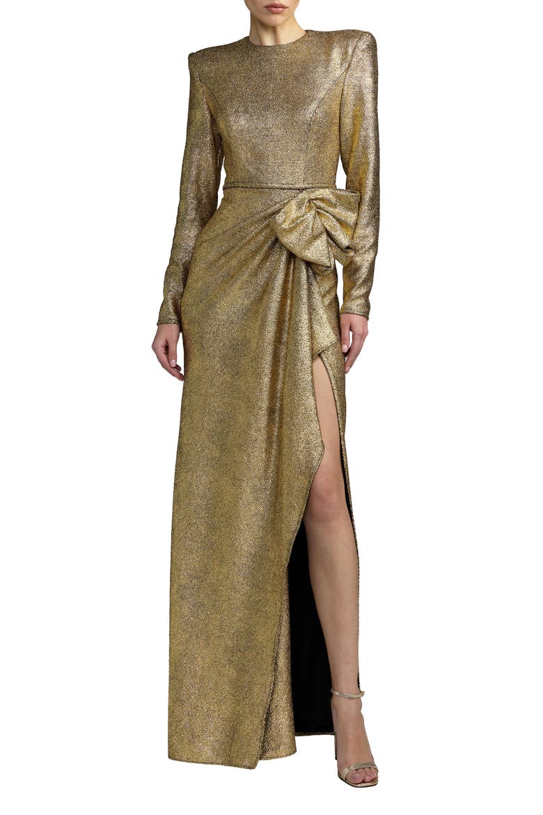 Metallic Long Sleeve Structured Bow Draped Gown, Main, color, Gold