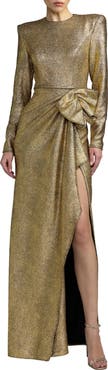 Mac Duggal Metallic Long Sleeve Structured Bow Draped Gown