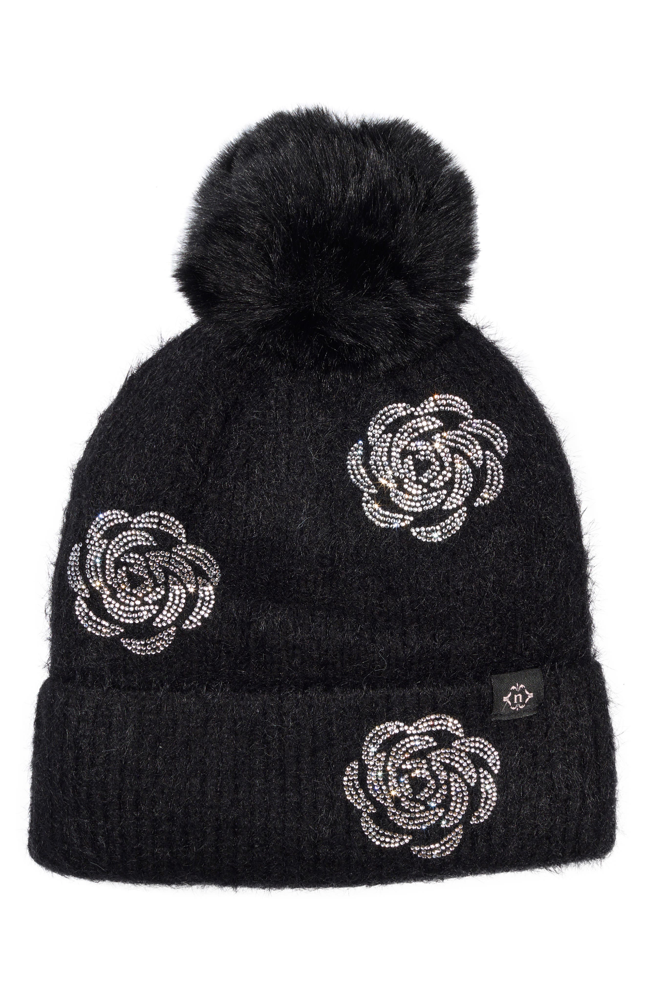 Floral Applique Faux Fur Pom Beanie
