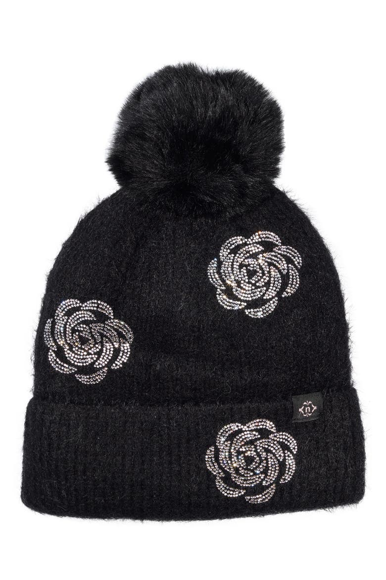 Floral Applique Faux Fur Pom Beanie, Main, color, BLACK