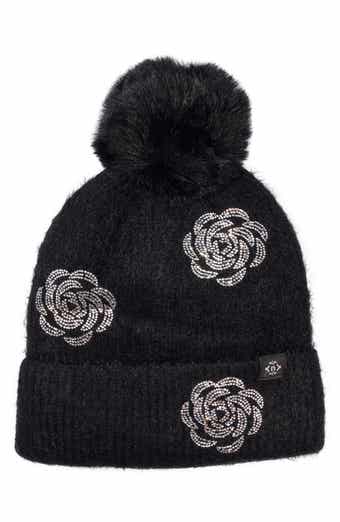 Floral Applique Faux Fur Pom Beanie
