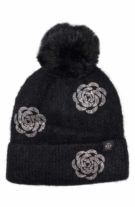Floral Applique Faux Fur Pom Beanie
