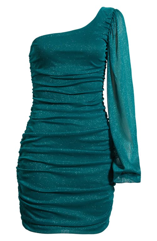 Jump Apparel One Shoulder Metallic Ruched Minidress In Green