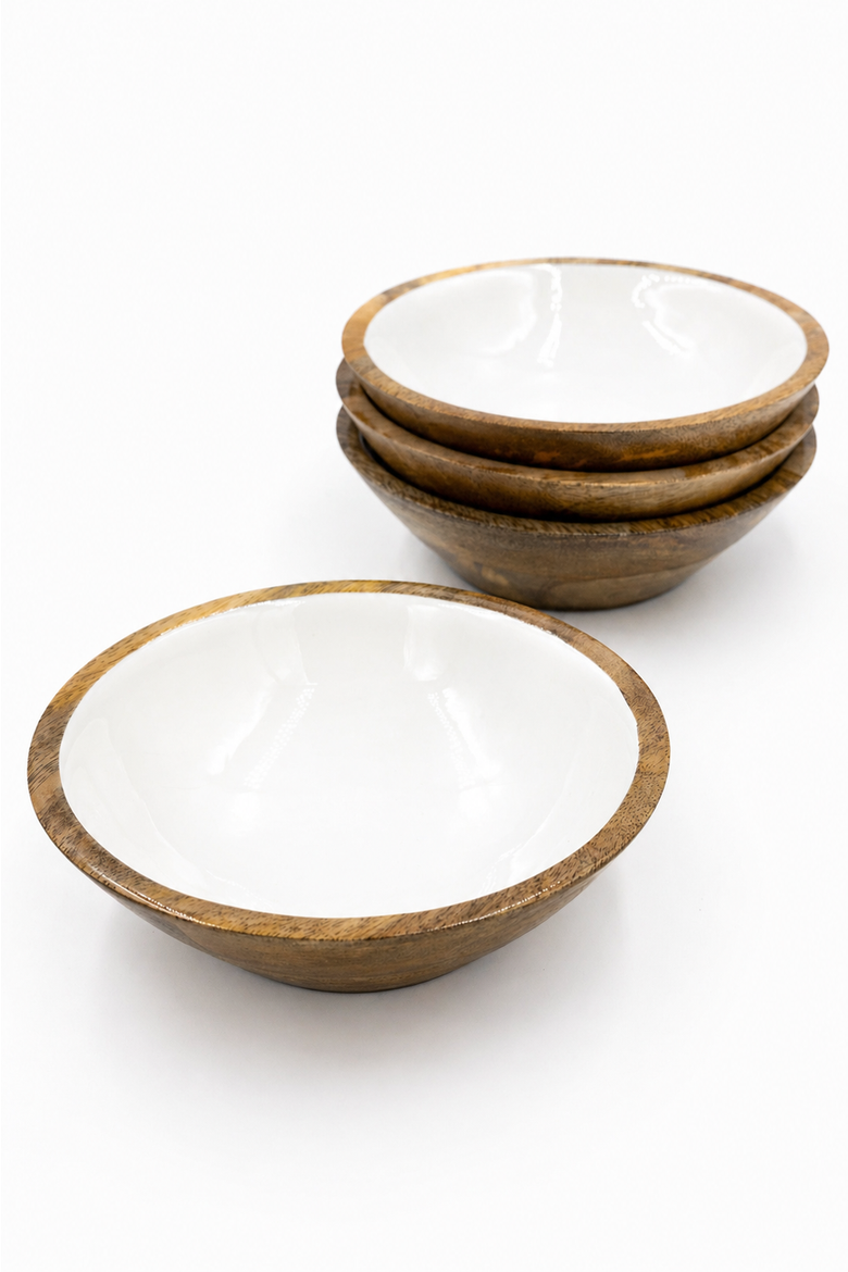 Wood + White Collection Mango Wood, Set of 4 Serving Bowls, 7", Alternate, color, White, Brown