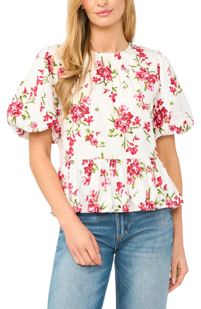 CeCe Puff Sleeve Floral Print Shirt, Main, color, Egret