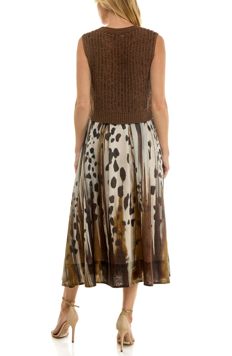 Socialite Mixed Media Pleated Midi Dress, Alternate, color, Brown/ Tan