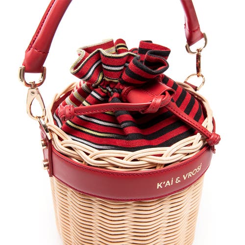 Kai & Vrosi K'ai & Vrosi Leather & Straw Bucket Bag With Drawstring In Red